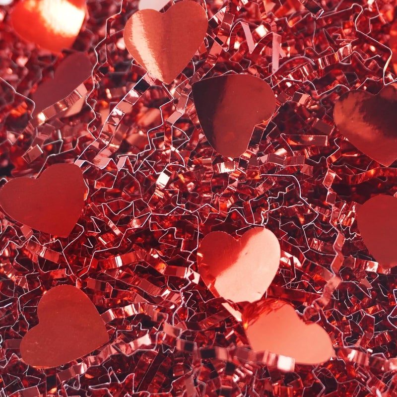 TORONTOKYO 32oz Valentine's Day Crinkle Cut Paper Shred, Red Metallic Raffia Paper Shred Filler Grass with Red Heart Confetti for Gift Wrapping, Basket Filling, Wedding, Party Supply - Image 1